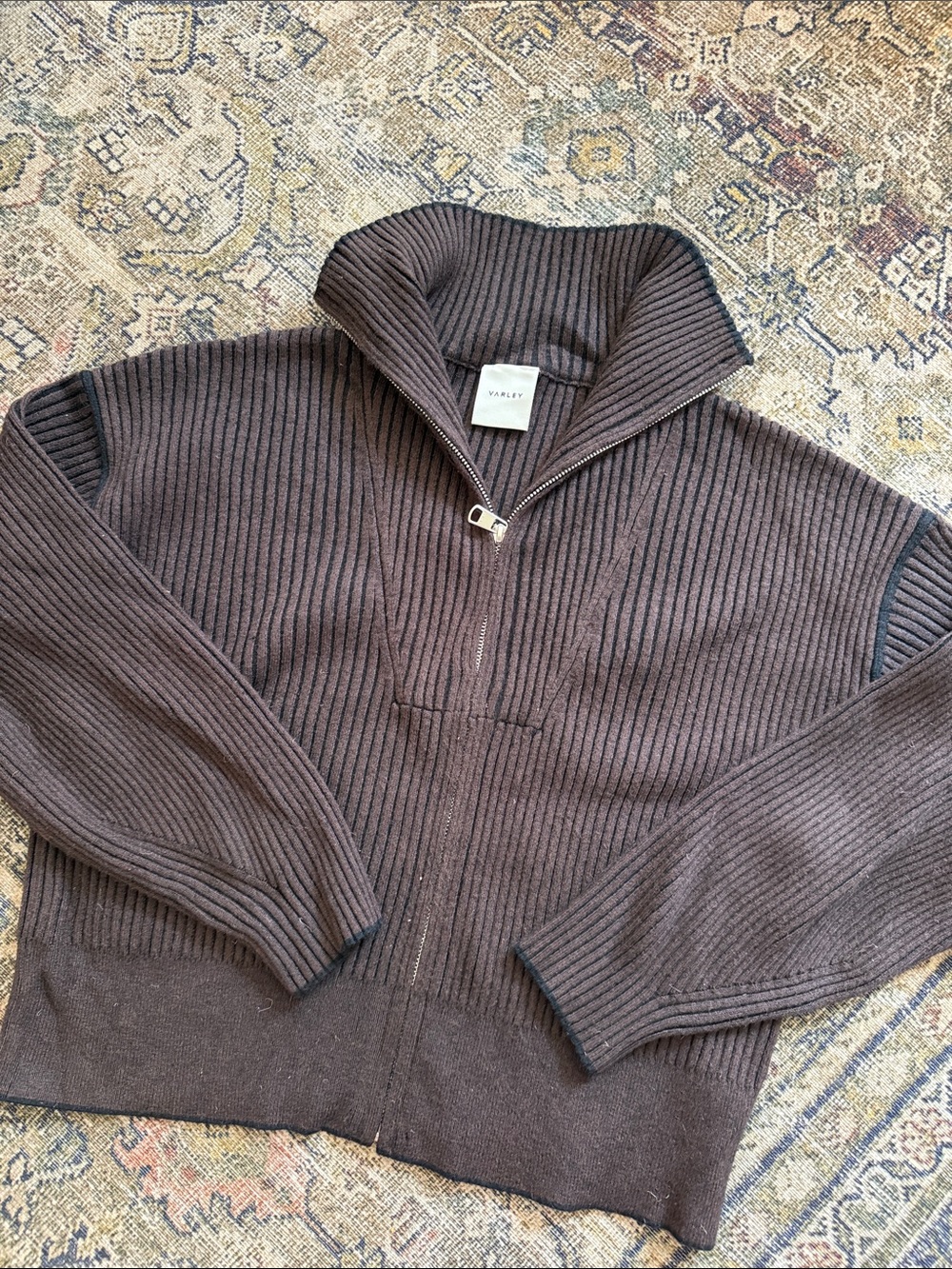 Varley Ribbed Zip-Up Sweater in Dark Brown